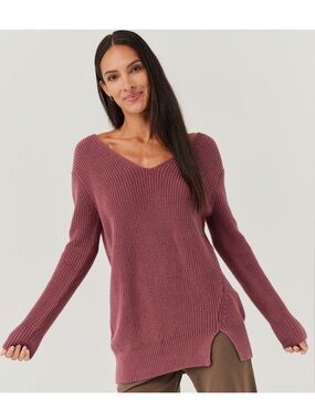 Pact Organic Cotton V Neck Side Slit Sweater Dark Mauve Pink